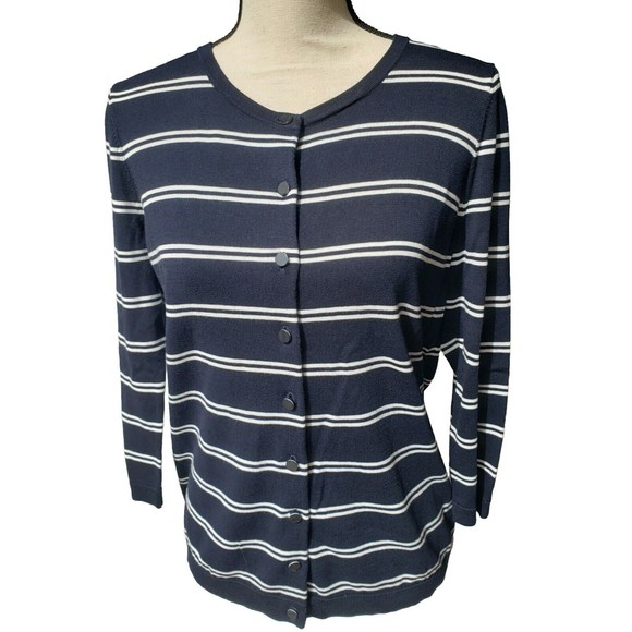 Womens Sweater TALBOTS White &Blue Striped Cotton Knit Cardigan 3/4 Slv Sz Small - Picture 8 of 8